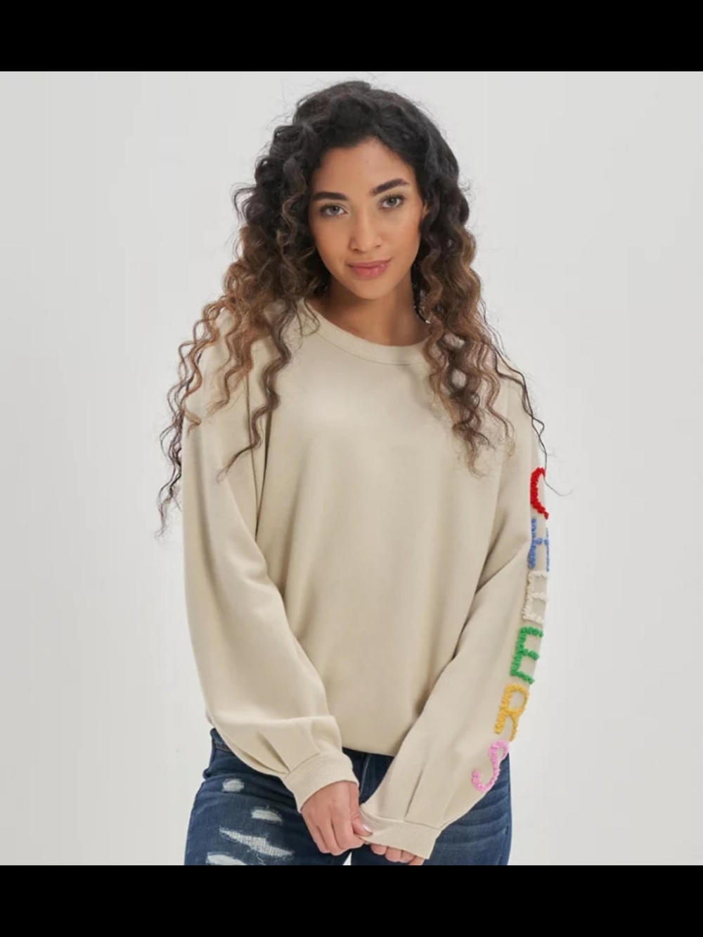Aerie Oversized Chenille Letter "Cheers" Sweatshirt Beige XL Down-To-Earth